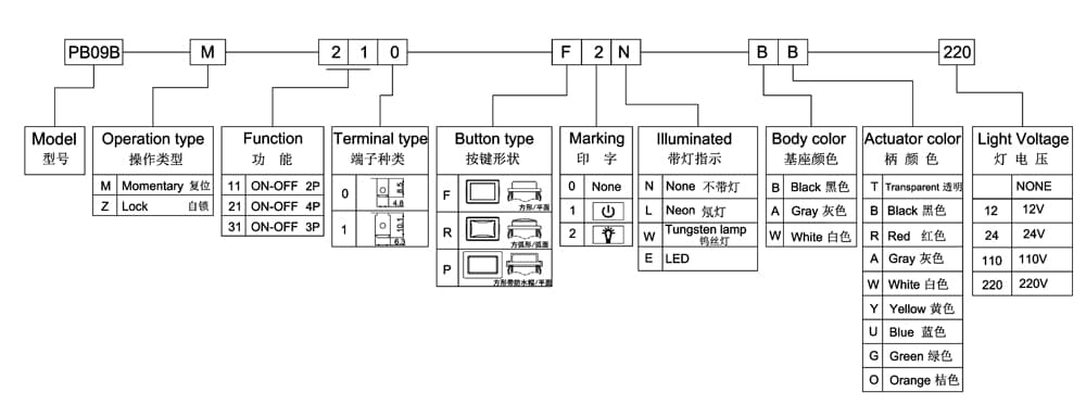 PB09B-Z-210-F0E-BR-220 주문 코드 체계